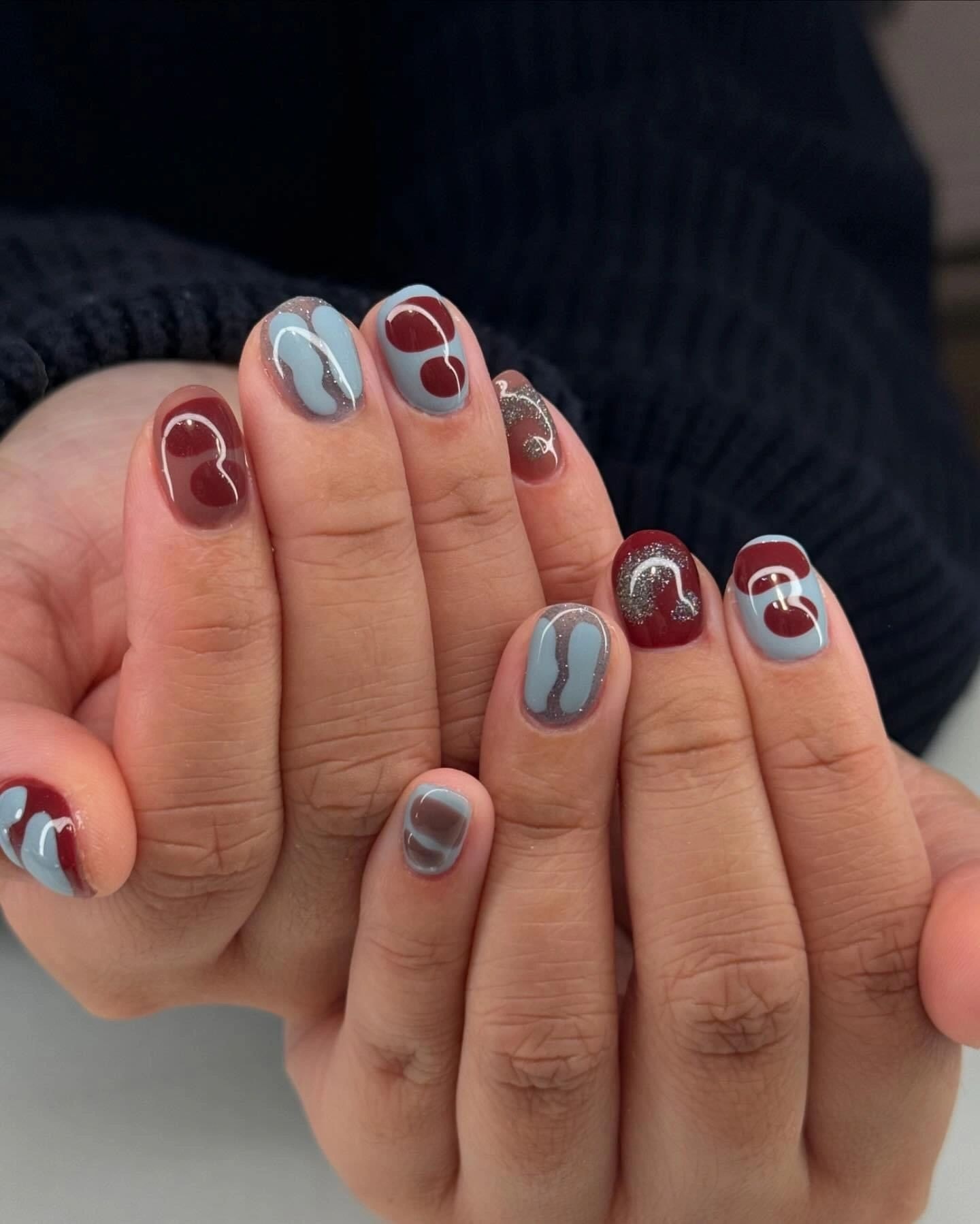 Burgundy blue abstract nails